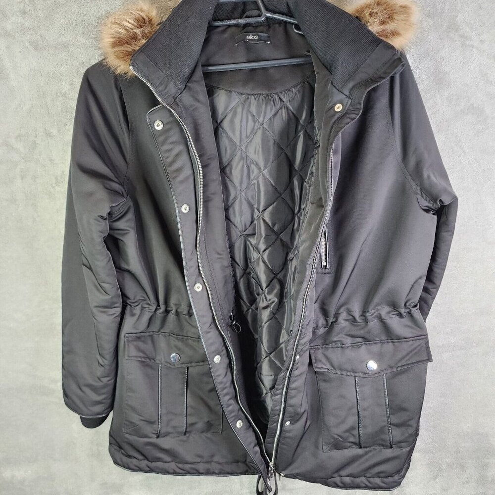 Womens Ellos Black Full Zip & Button Parka Jacket Faux Fur Hood Polyester 20 - Picture 2 of 9